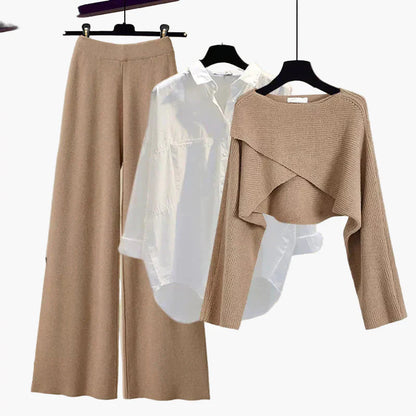 Women's 3-Piece Casual Long Sleeve Set – Relaxed Fit Loungewear Outfit for Home or Outings
