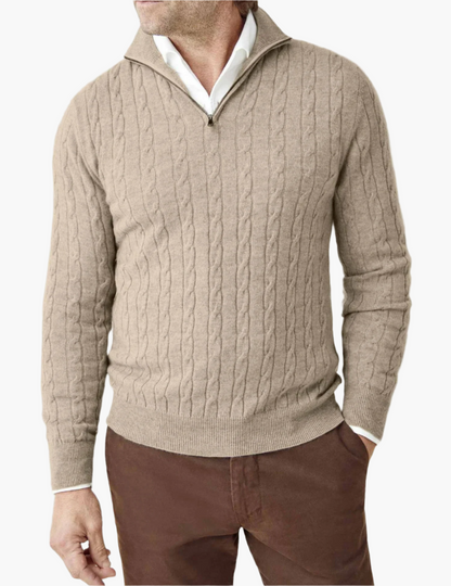 Men's Cable-Knit Quarter-Zip Sweater Classic Business Casual Pullover