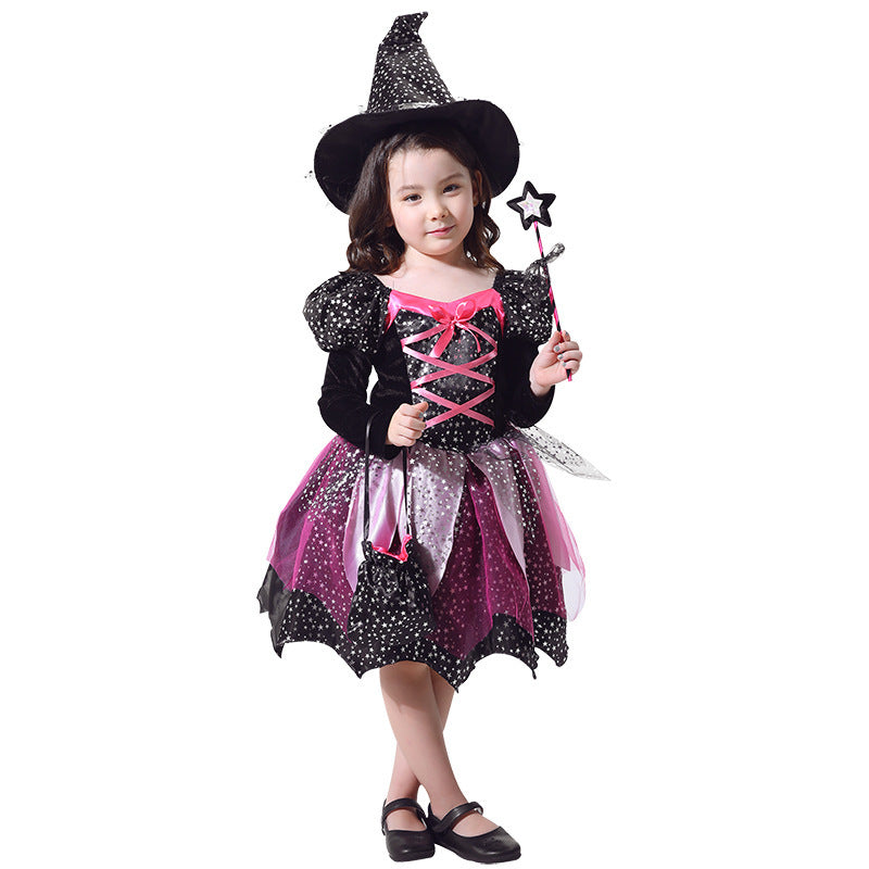 Girls' Halloween Witch Costume Set for Kids – Magical Dress Up Outfit with Hat, Wand, and Bag – Perfect for Trick-or-Treating & Parties