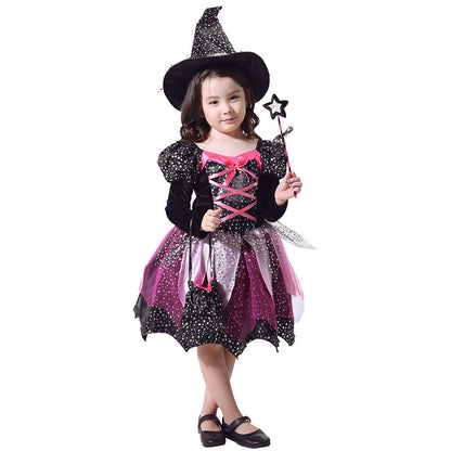 Girls' Halloween Witch Costume Set for Kids – Magical Dress Up Outfit with Hat, Wand, and Bag – Perfect for Trick-or-Treating & Parties