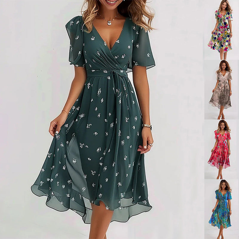 Women’s Elegant Flutter Sleeve Midi Dress with Wrap Front