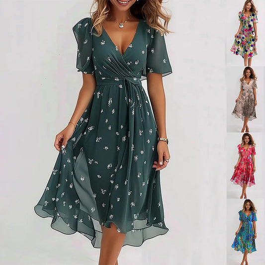 Women’s Elegant Flutter Sleeve Midi Dress with Wrap Front