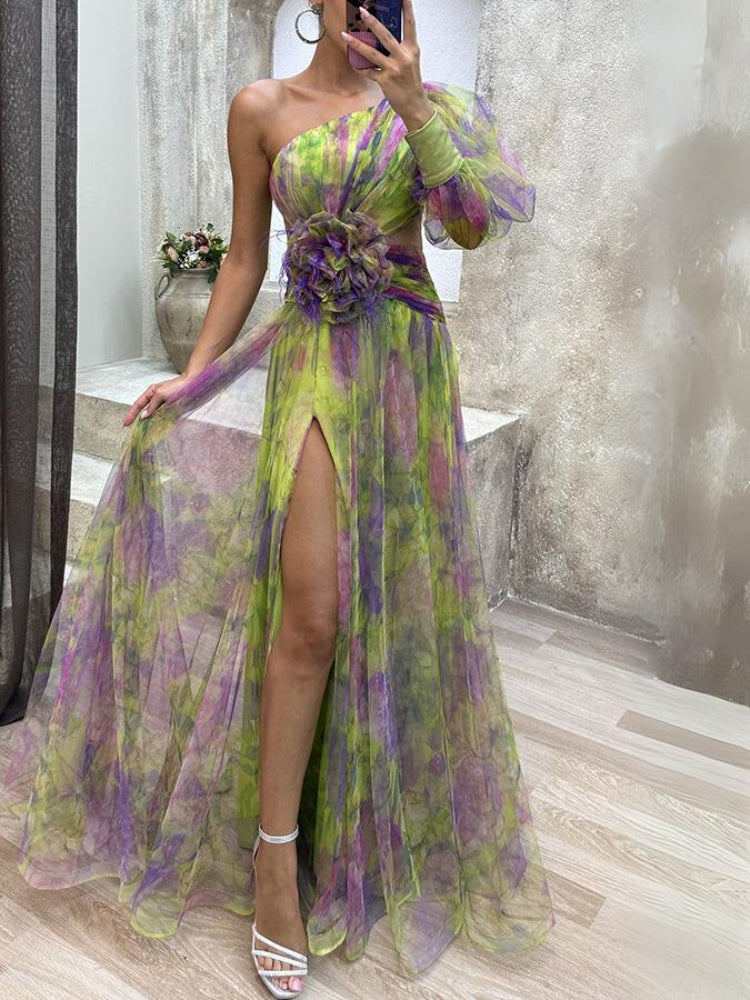 Women’s One-Shoulder Evening Gown – Elegant High-Slit Floral Design
