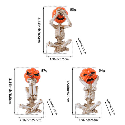 Halloween Pumpkin Head Skeleton Figurine Set - Spooky Party Decoration (3 Pieces)