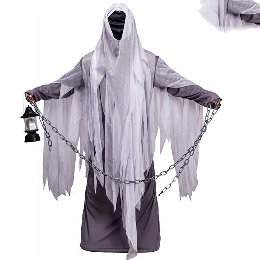 Halloween Adult Ghost Costume with Chains and Lantern - Spooky Party Outfit