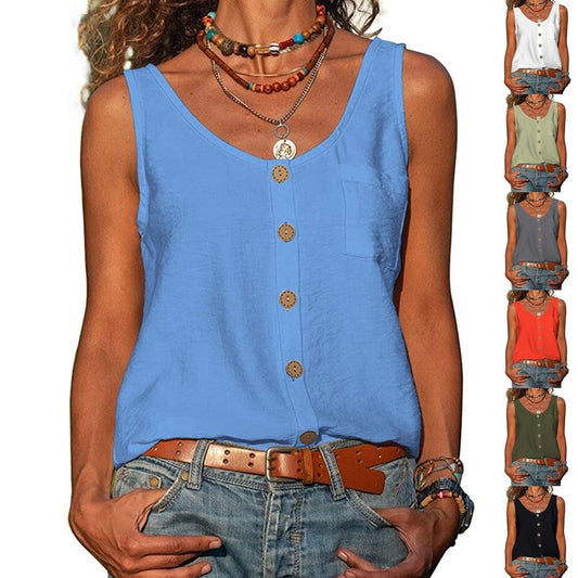 Natalie – Women's Solid Color V Neck Button Sleeveless Pocket Vest Top