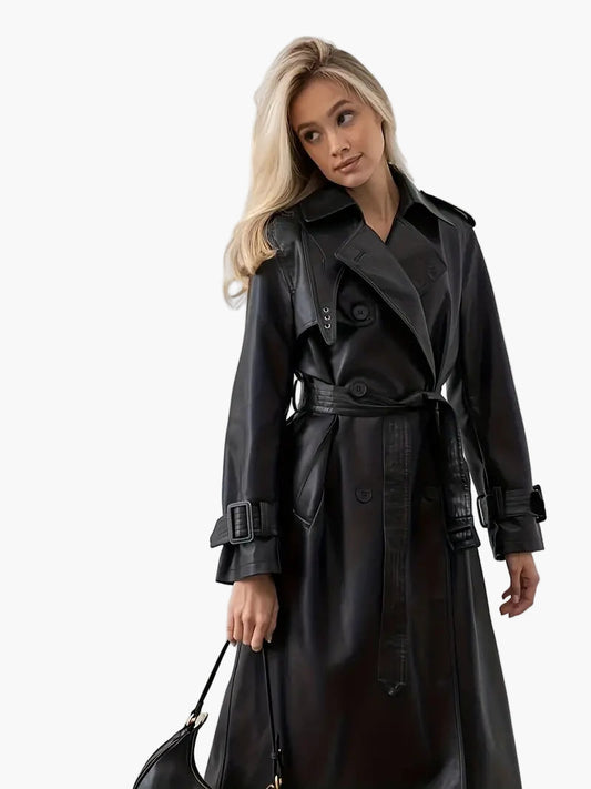 Women's Elegant Long Trench Coat with Double-Breasted Closure and Waist Belt - Stylish Outerwear for Casual, Business, and Evening Wear