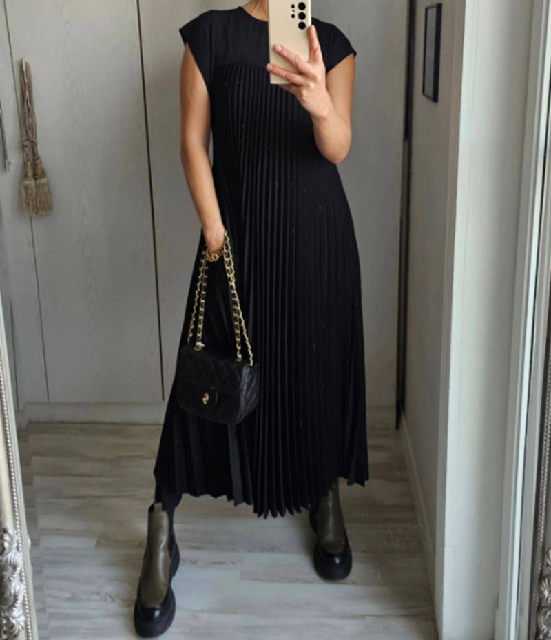 Emily – Short Sleeve Pleated Long Dress