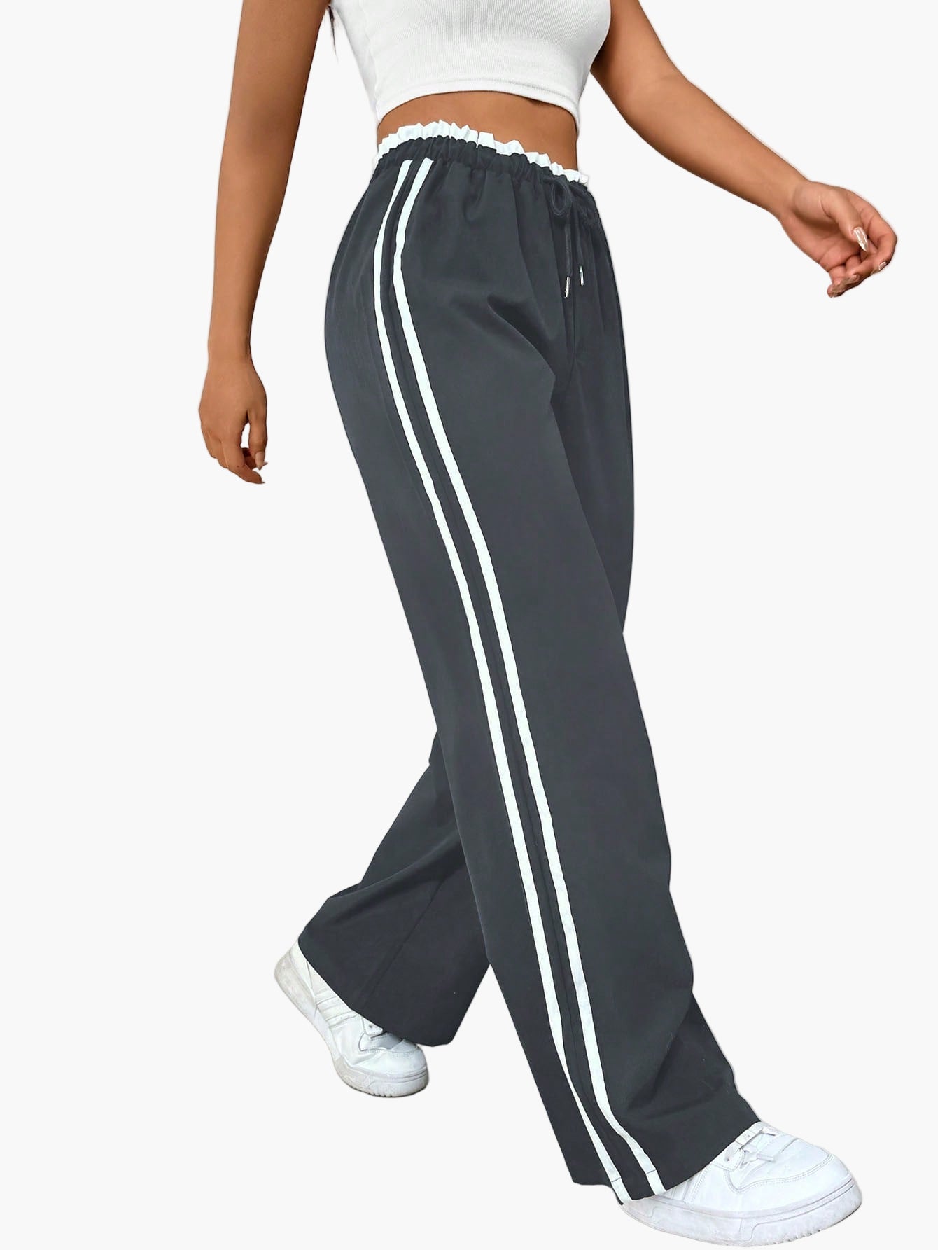 Women's Sporty Wide-Leg Pants with Double Stripe – Casual Streetwear, Relaxed Fit