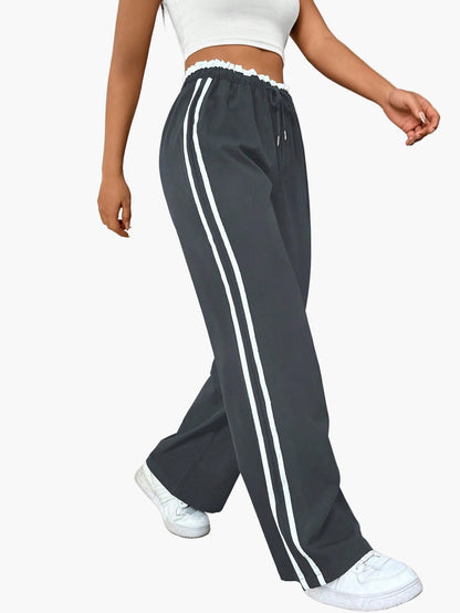 Women's Sporty Wide-Leg Pants with Double Stripe – Casual Streetwear, Relaxed Fit