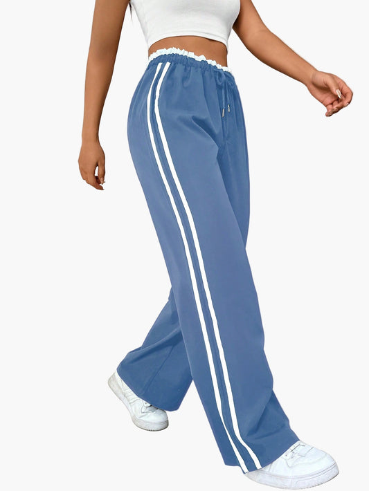 Women's Sporty Wide-Leg Pants with Double Stripe – Casual Streetwear, Relaxed Fit