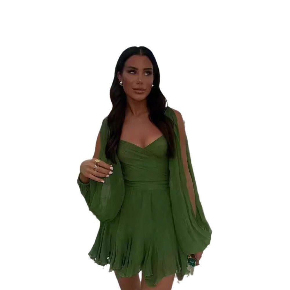 Women’s Flowy Beach Mini Dress – One-Shoulder Long Sleeve Style