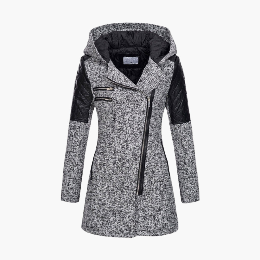 Women's Hooded Tweed Coat with Faux Leather Trim – Elegant Winter Outerwear