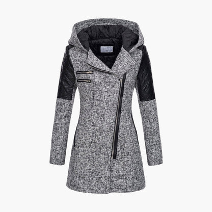 Women's Hooded Tweed Coat with Faux Leather Trim – Elegant Winter Outerwear