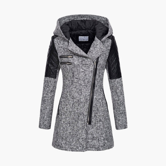Women's Hooded Tweed Coat with Faux Leather Trim – Elegant Winter Outerwear