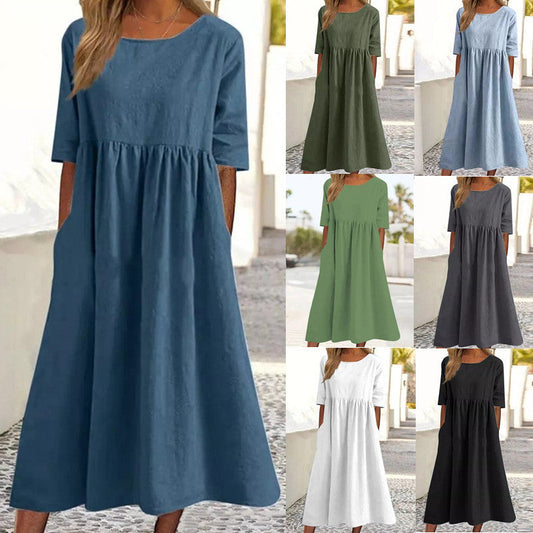 Katy – Fashion Casual Cotton Linen Short Sleeve Pocket Dress