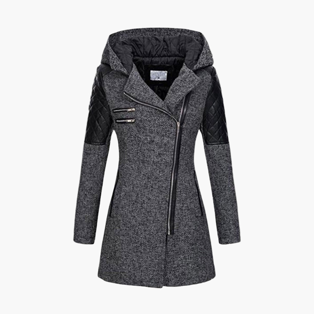 Women's Hooded Tweed Coat with Faux Leather Trim – Elegant Winter Outerwear