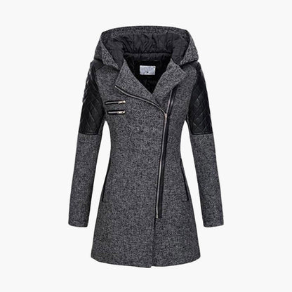 Women's Hooded Tweed Coat with Faux Leather Trim – Elegant Winter Outerwear