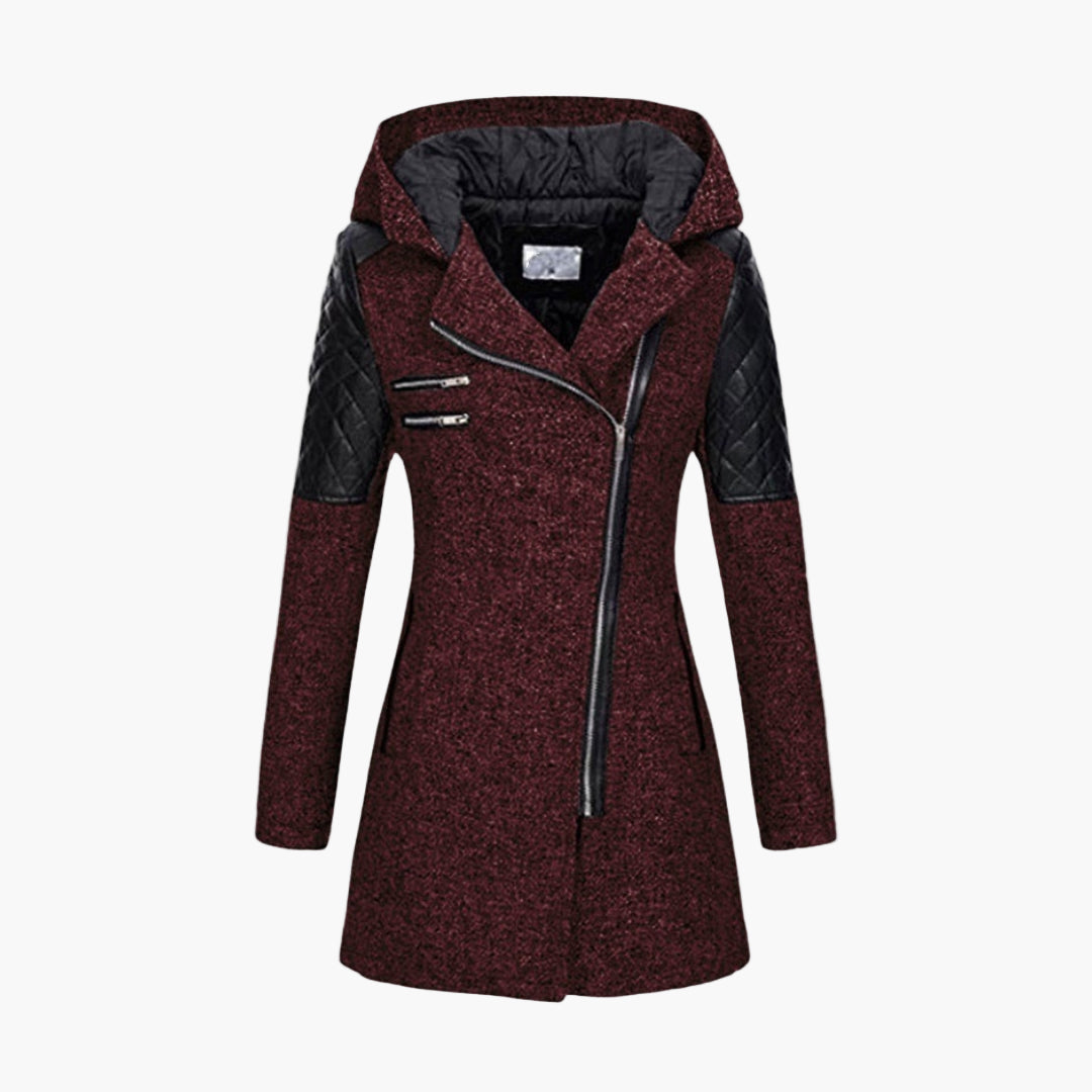 Women's Hooded Tweed Coat with Faux Leather Trim – Elegant Winter Outerwear