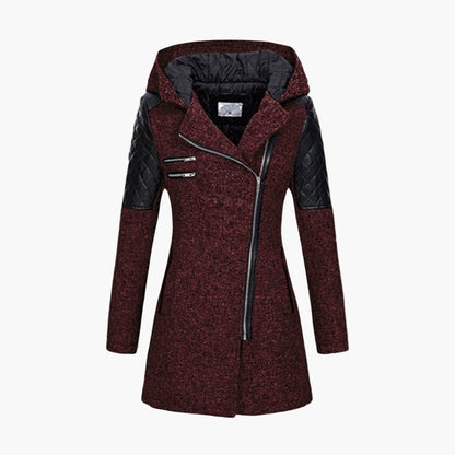 Women's Hooded Tweed Coat with Faux Leather Trim – Elegant Winter Outerwear