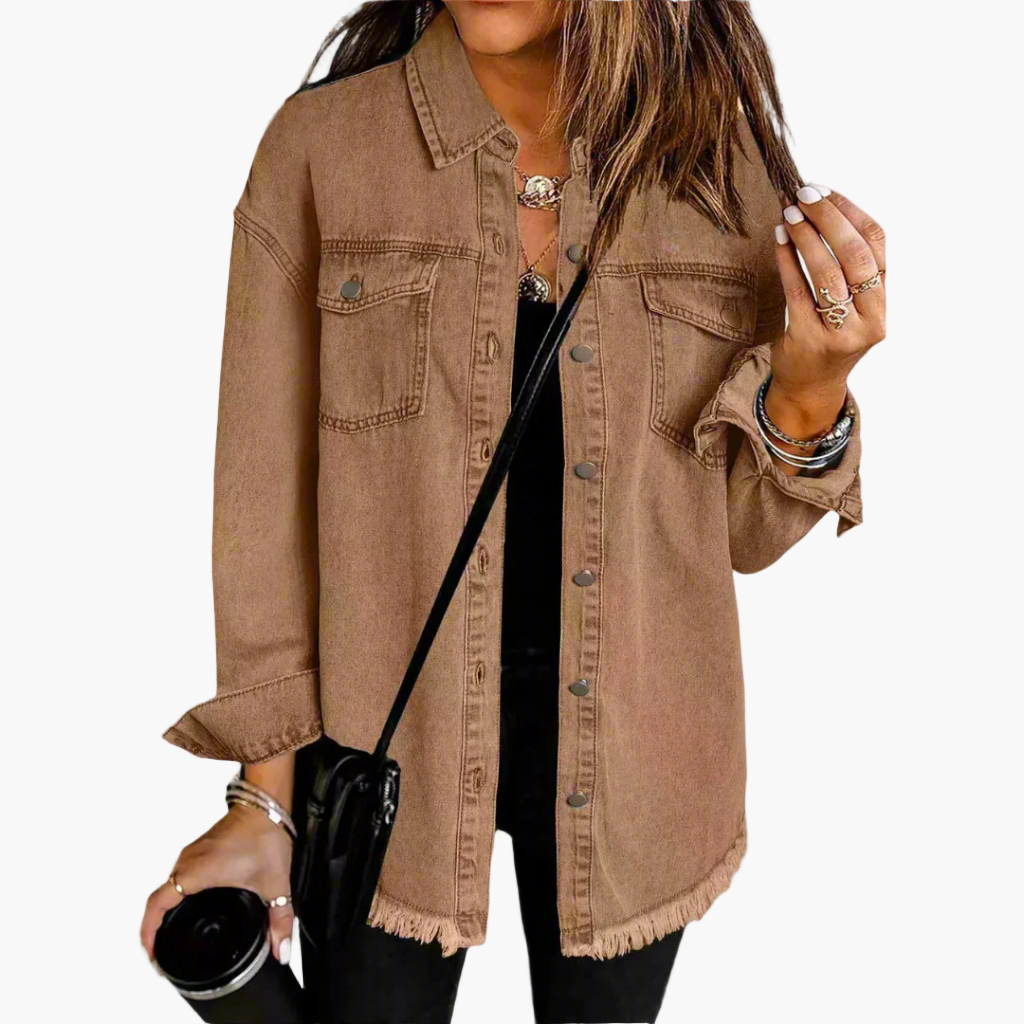 Women's Casual Button-Down Denim Jacket with Relaxed Fit and Frayed Hem