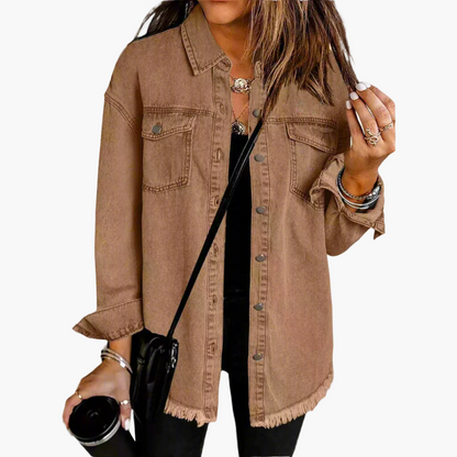 Women's Casual Button-Down Denim Jacket with Relaxed Fit and Frayed Hem