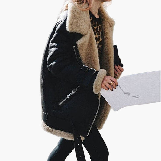 Women's Elegant Winter Suede Faux Fur Jacket – Fashionable and Warm Outerwear