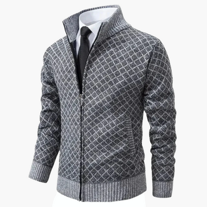 Men's Modern Business Casual Knit Zip-Up Jacket – Diamond Pattern Sweater Blazer