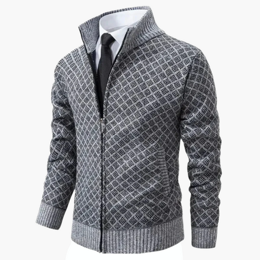 Men's Modern Business Casual Knit Zip-Up Jacket – Diamond Pattern Sweater Blazer