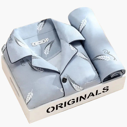 Men's Classic Pajama Set with Feather Print, Stylish Long Sleeve Loungewear for All-Season Comfort