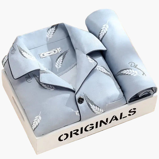 Men's Classic Pajama Set with Feather Print, Stylish Long Sleeve Loungewear for All-Season Comfort