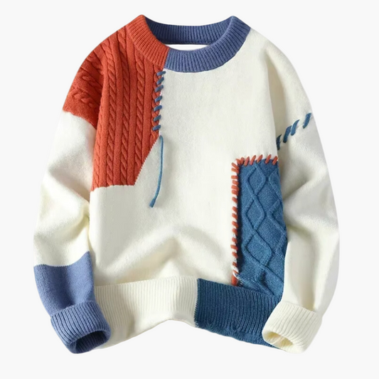 Men's Premium Merino Wool Patchwork Sweater – Modern Knitted Pullover for Autumn and Winter