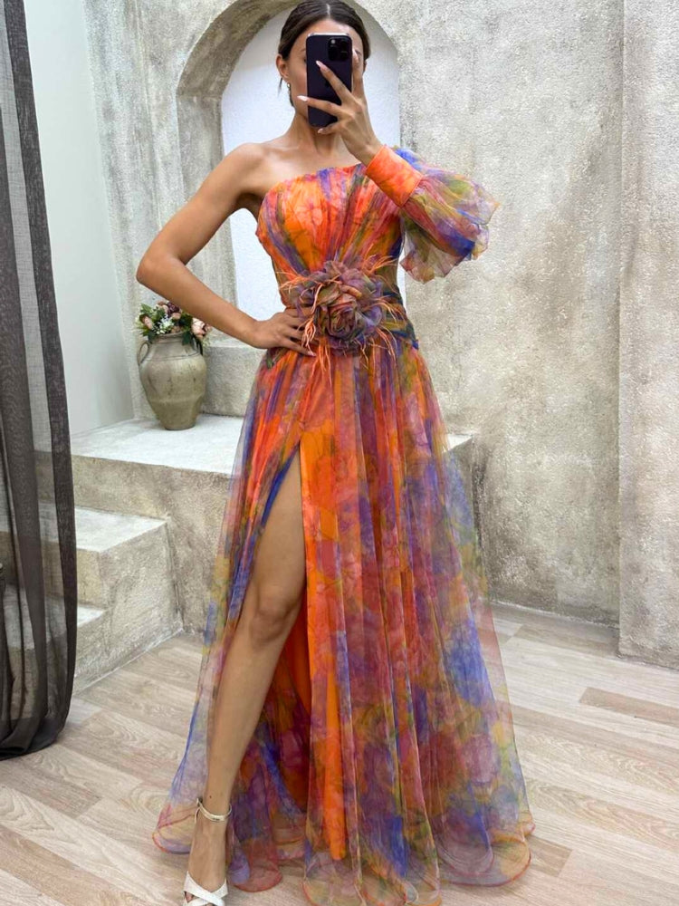 Women’s One-Shoulder Evening Gown – Elegant High-Slit Floral Design