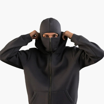 Men's Minimalist Full Zip Hoodie with Integrated Mask – Urban Streetwear Style