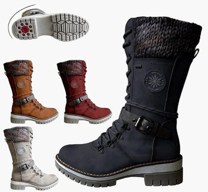 Women's Mid-Calf Knitted Casual Boots with Buckle - Stylish Outdoor Comfort Footwear