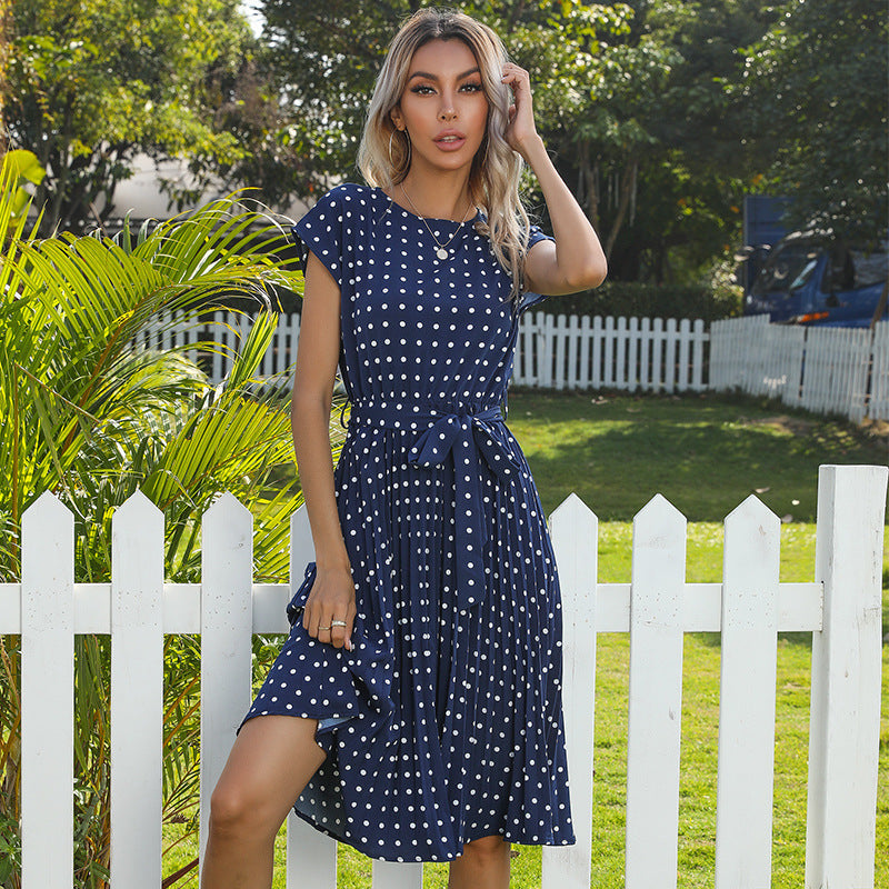 Women’s Vintage Polka Dot Midi Dress with Belted Waist