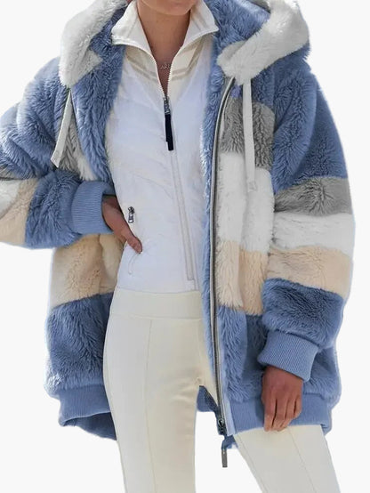 Women's Winter Hooded Plush Jacket with Zipper – Cozy Casual Outerwear for Cold Weather