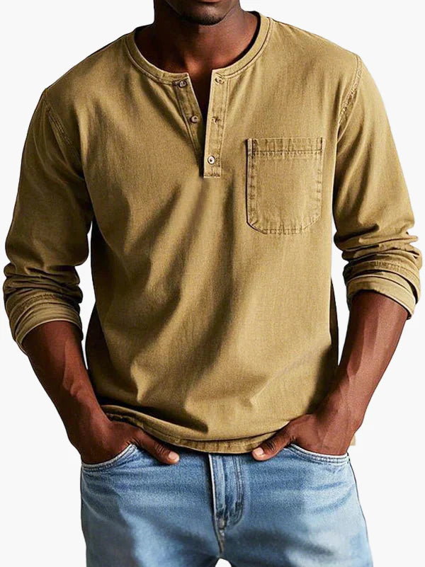 Men's Vintage Long Sleeve Henley Shirt Casual Classic Style