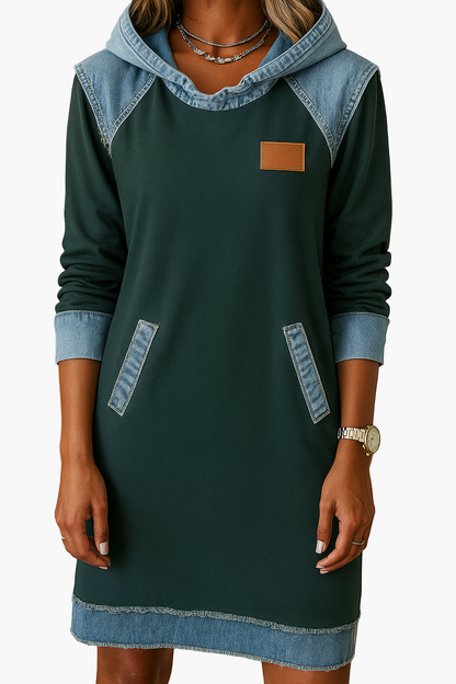 Women's Casual Denim Accent Hoodie Dress | Everyday Comfort & Style