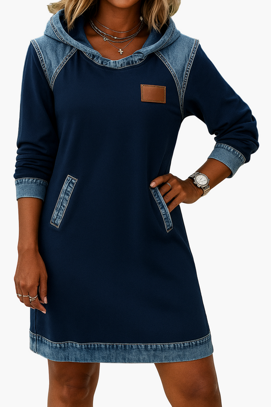 Women's Casual Denim Accent Hoodie Dress | Everyday Comfort & Style