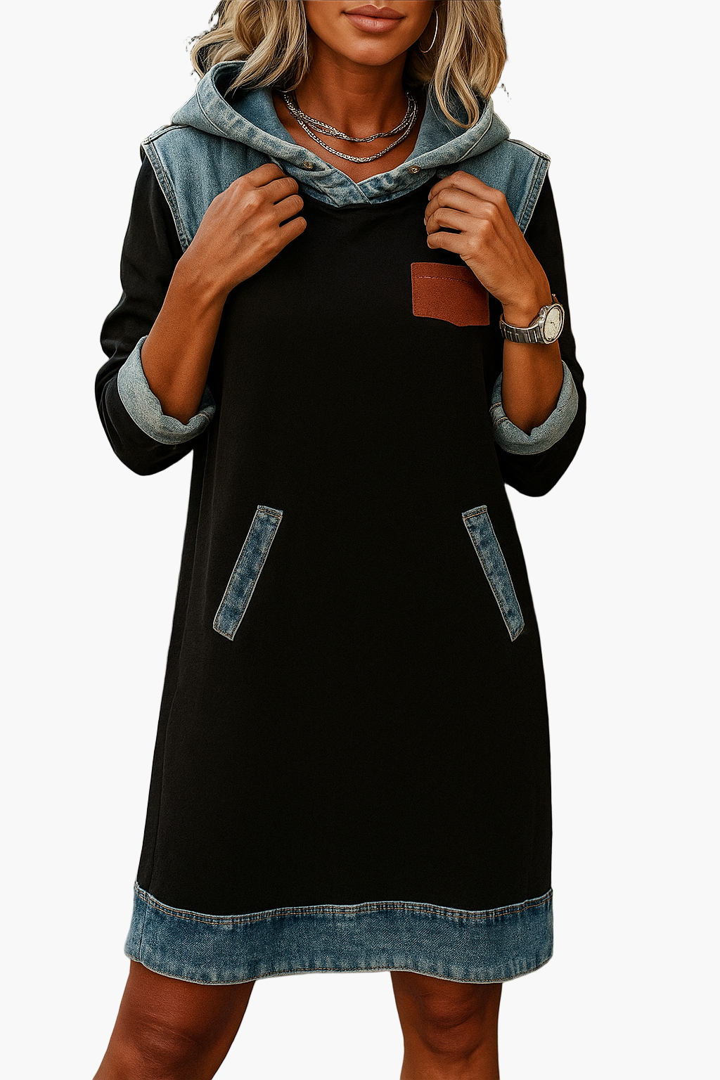 Women's Casual Denim Accent Hoodie Dress | Everyday Comfort & Style