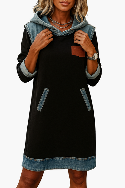 Women's Casual Denim Accent Hoodie Dress | Everyday Comfort & Style