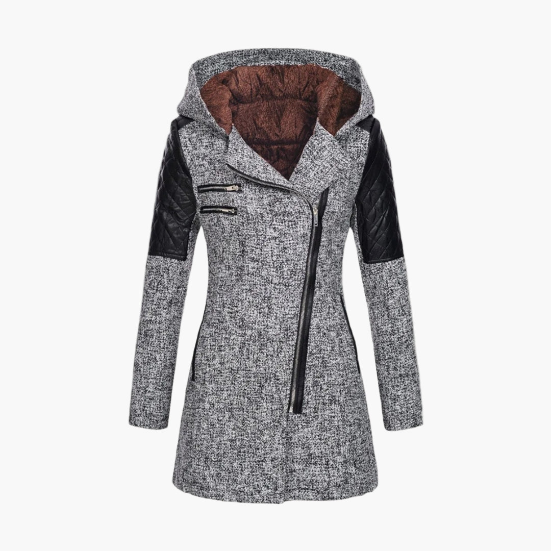 Women's Hooded Tweed Coat with Faux Leather Trim – Elegant Winter Outerwear