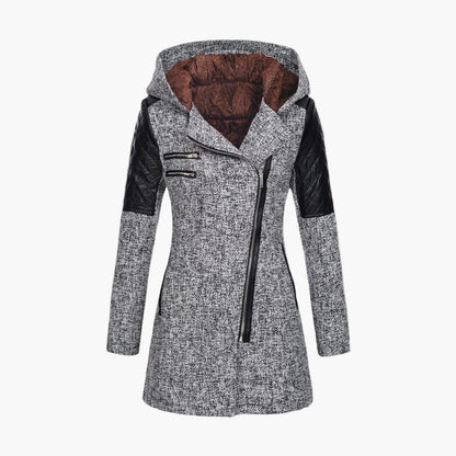 Women's Hooded Tweed Coat with Faux Leather Trim – Elegant Winter Outerwear