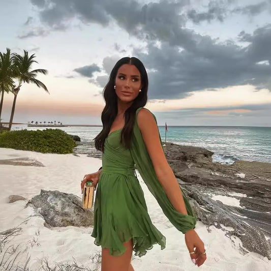 Women’s Flowy Beach Mini Dress – One-Shoulder Long Sleeve Style