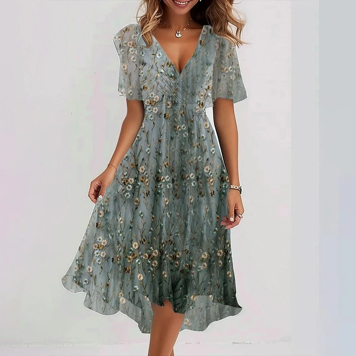 Women’s Elegant Flutter Sleeve Midi Dress with Wrap Front