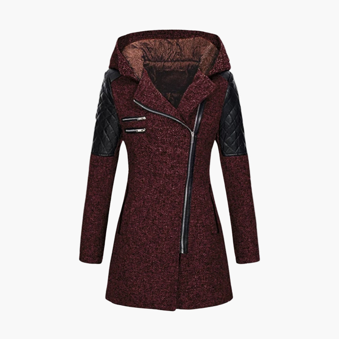 Women's Hooded Tweed Coat with Faux Leather Trim – Elegant Winter Outerwear
