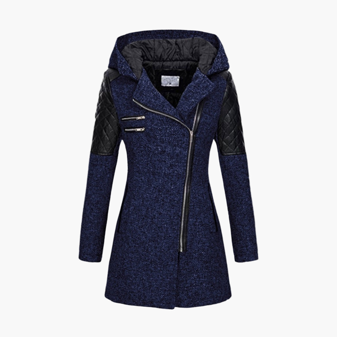 Women's Hooded Tweed Coat with Faux Leather Trim – Elegant Winter Outerwear