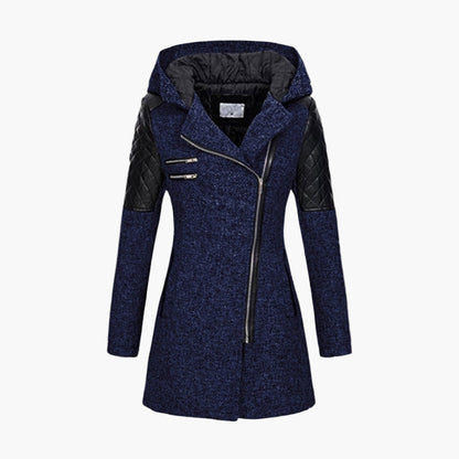 Women's Hooded Tweed Coat with Faux Leather Trim – Elegant Winter Outerwear