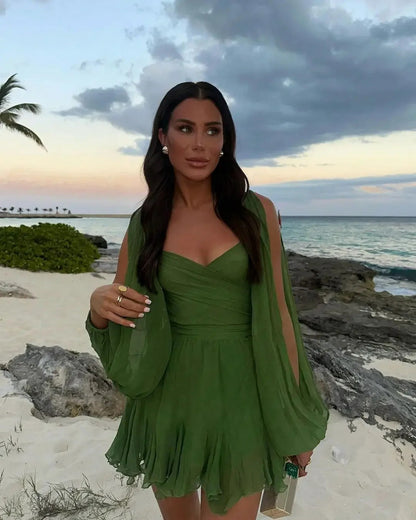 Women’s Flowy Beach Mini Dress – One-Shoulder Long Sleeve Style